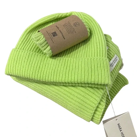 Mara Hoffman Knit Scarf Beanie Gloves Set Chartreuse Neon Green Wool NEW $400 - Picture 1 of 9